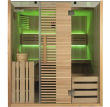 Sauna met houten banken, houten emmer en glazen deur
