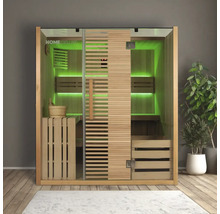 Interieurperspectief van een sauna met houten elementen, glazen voorkant en indirecte verlichting.