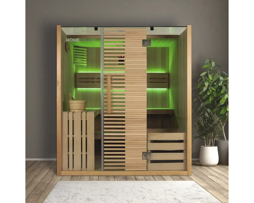Interieurperspectief van een sauna met houten elementen, glazen voorkant en indirecte verlichting.