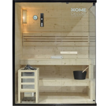 Houten sauna met saunakachel, emmer, lepel, zandloper, thermometer en hygrometer