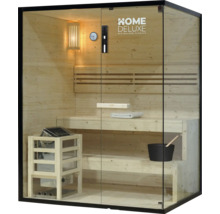 Sauna met houten banken, saunakachel en glazen voorkant