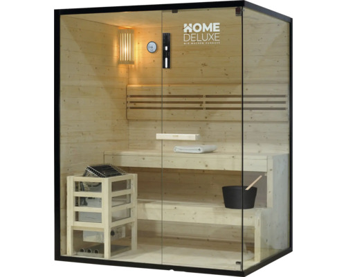 Sauna met houten banken, saunakachel en glazen voorkant