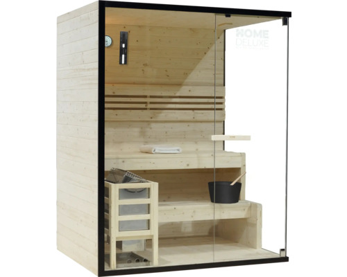 Sauna met glazen voorkant, houten banken en accessoires