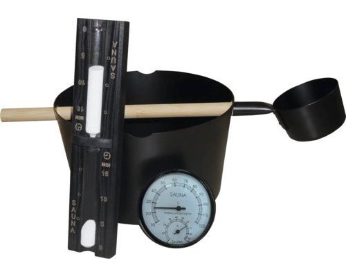 Sauna emmer met lepel, thermometer en zandloper