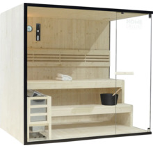 Houten sauna met glazen deur en interieur