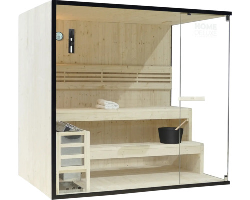 Houten sauna met glazen deur en interieur