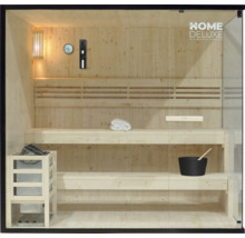 Interieur van een sauna met houten banken, kachel en glazen voorzijde