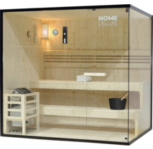 Houten sauna met glazen deur en interieur