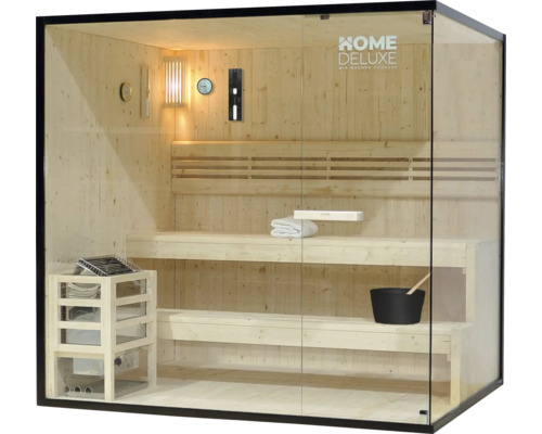 Houten sauna met glazen deur en interieur