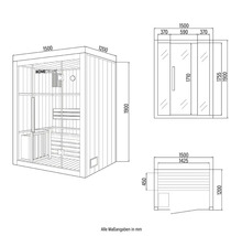 Technische tekening van een Home Deluxe sauna met afmetingen
