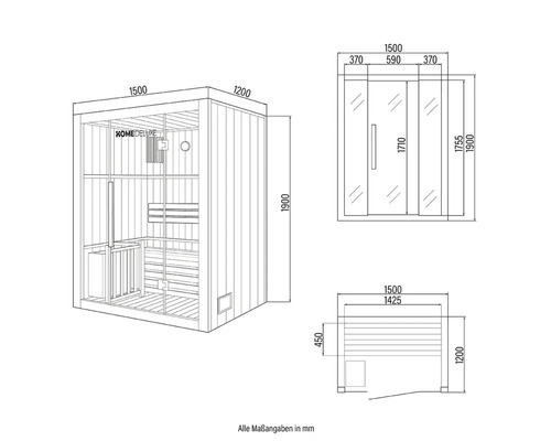 Technische tekening van een Home Deluxe sauna met afmetingen