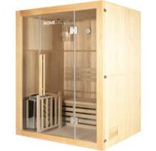 Houten sauna met glazen deur, banken en saunakachel