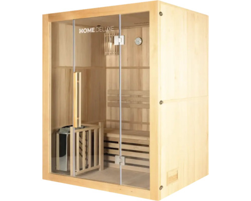 Houten sauna met glazen deur, banken en saunakachel
