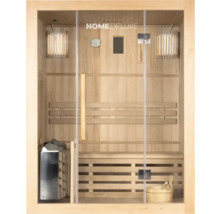 Interieur van een houten sauna met glazen voorkant, kachel, banken en accessoires
