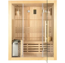 Interieur van een sauna met houten banken en glazen deur