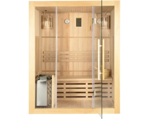 Interieur van een sauna met houten banken en glazen deur