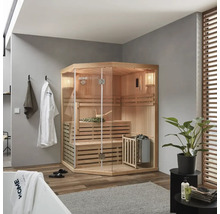 Hoeksauna met glazen voorkant, banken en saunakachel in een badkamer