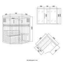Technische tekening van een Home Deluxe sauna met afmetingen