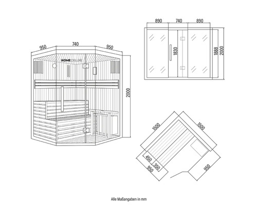 Technische tekening van een Home Deluxe sauna met afmetingen
