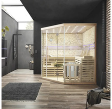 Moderne badkamerscène met sauna, douche en wastafel