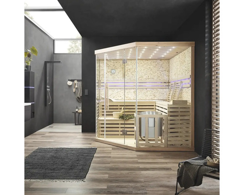 Moderne badkamerscène met sauna, douche en wastafel