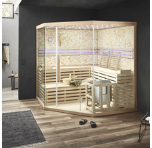 Moderne sauna met glazen voorkant, houten banken en kachel in een interieur