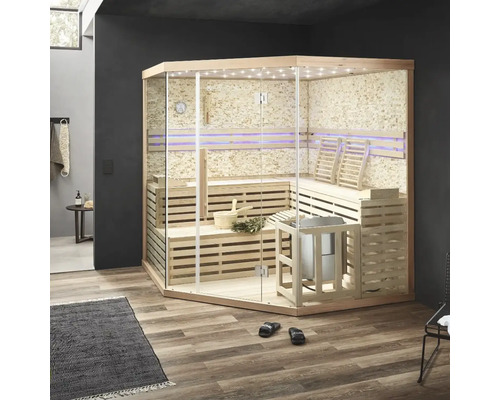 Moderne sauna met glazen voorkant, houten banken en kachel in een interieur