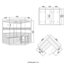 Technische tekening van een Home Deluxe sauna met afmetingen