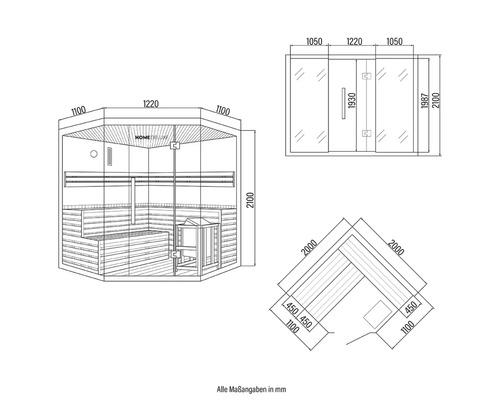 Technische tekening van een Home Deluxe sauna met afmetingen