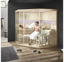 Interieur van een sauna met twee personen, houten banken en glazen wanden