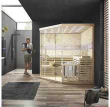 Moderne sauna met glazen elementen in een badkamer met douche en wastafel