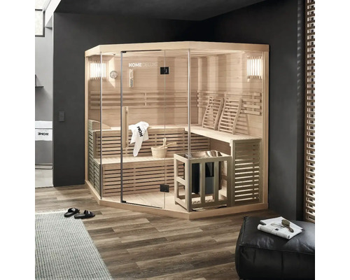Hoeksauna met glazen voorkant, houten banken en kachel in een modern ontworpen ruimte