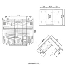Technische tekening van een Home Deluxe sauna met maatvoering