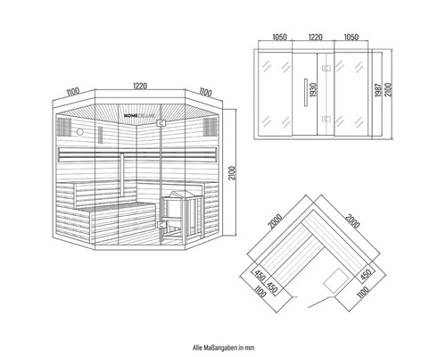 Technische tekening van een Home Deluxe sauna met maatvoering