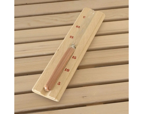 Zandloper voor sauna met houten frame en rode schaal