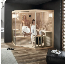Lichte sauna met glazen voorkant en twee personen binnenin
