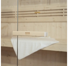 Sauna-interieur met houten deurklink en Home Deluxe logo