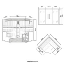 Technische tekening van een sauna met afmetingen