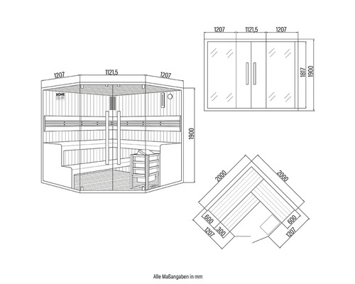 Technische tekening van een sauna met afmetingen