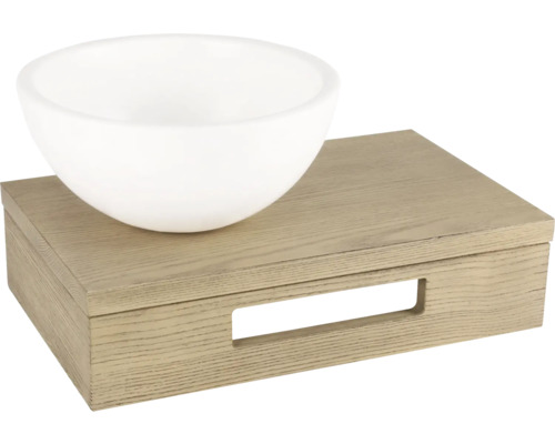 Witte kom op houten doos