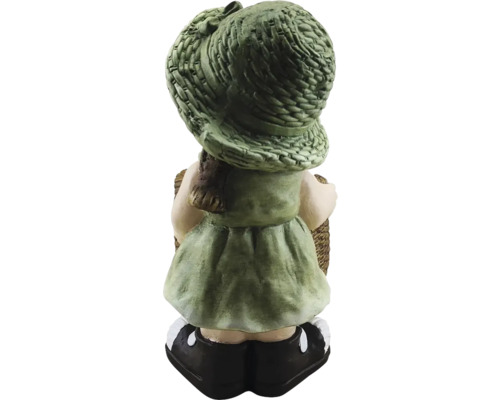 Tuinbeeld meisje met hoed en mand van achteren