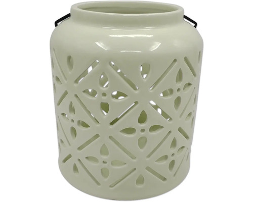 LAFIORA Windlicht wit lime 16x16x18 cm Decoratieve windlichtlantaarn van keramiek met florale uitsparingen en handvat
