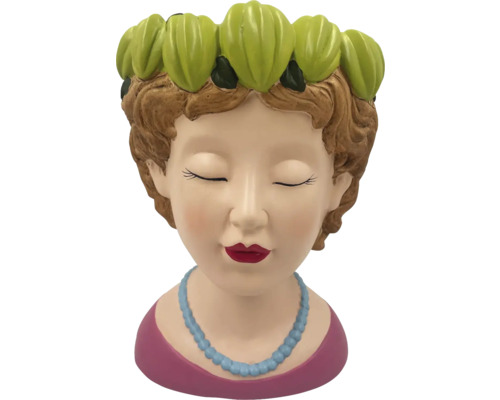 Decoratieve plantenschaal in de vorm van een vrouwenhoofd met bloemdecoratie