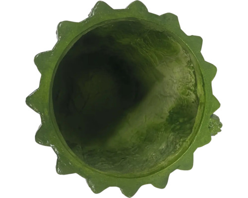 Bovenaanzicht van een groene bloempot met gekartelde rand