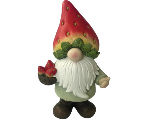 Tuinkabouter met aardbeienmuts en aardbeien in een mand