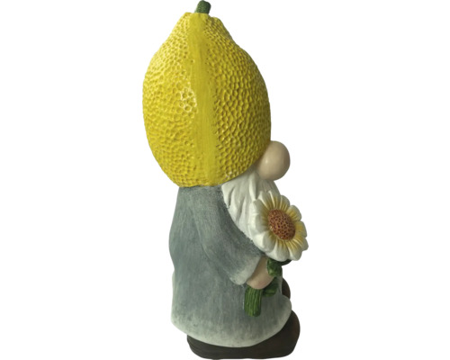 Tuinkabouter met citroen als hoofd en zonnebloem in de hand