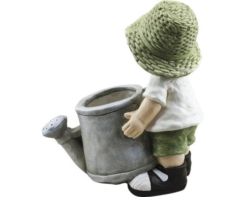 Decoratief tuinbeeld van een jongen met gieter als plantenbak.