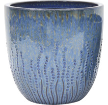 Blauwe keramische bloempot met stippenpatroon