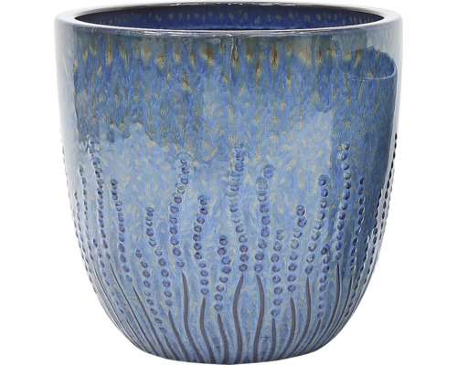 Blauwe keramische bloempot met stippenpatroon