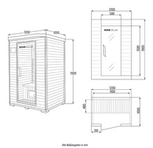 Technische tekening van een Home Deluxe sauna met maatvoering.